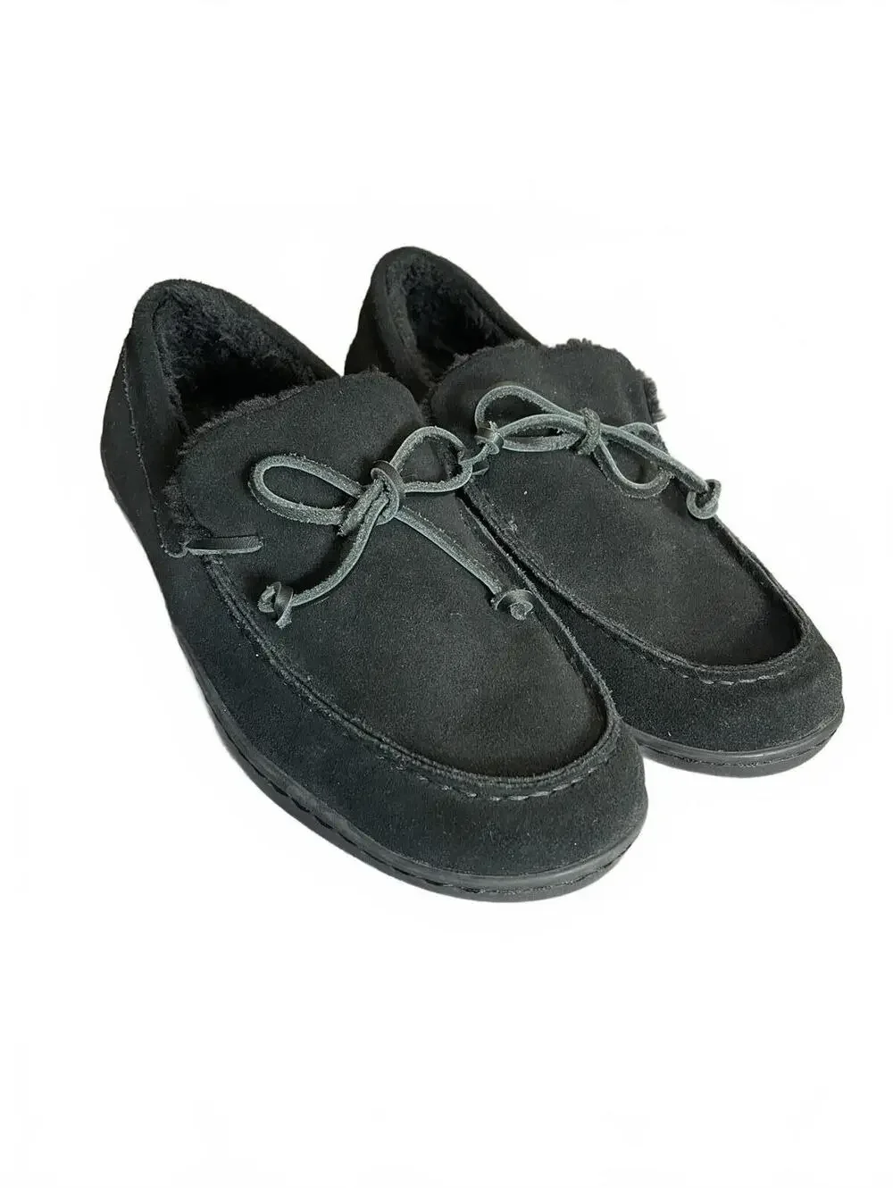 Vionic Adler moccasin slipper in black suede with faux-shearling lining Size 9